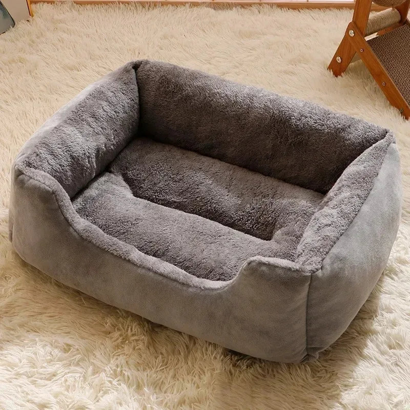 Warm Winter Pet Bed made of soft gray fabric providing comfort and warmth for pets during cold weather.