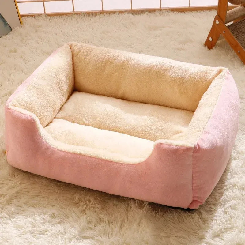 Soft and cozy Warm Winter Pet Bed in pink color, ideal for keeping pets warm during cold weather.