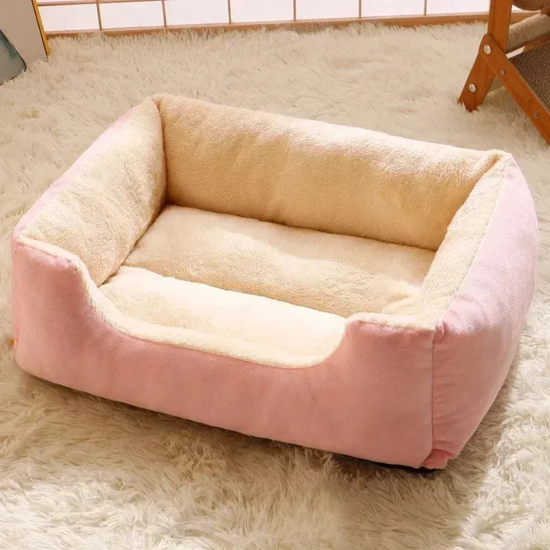 Warm Winter Pet Bed in soft pink fabric, designed for pets to stay cozy and warm during cold weather, perfect for sleeping.