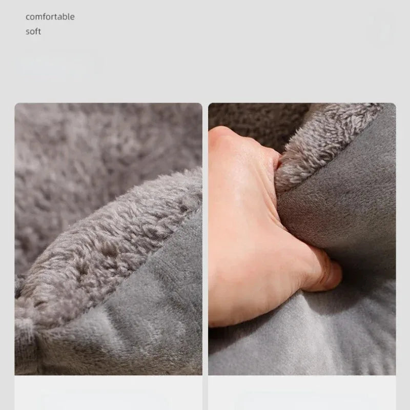 Close-up view of a soft and comfortable Warm Winter Pet Bed, showcasing plush fabric and hand squeeze for texture.